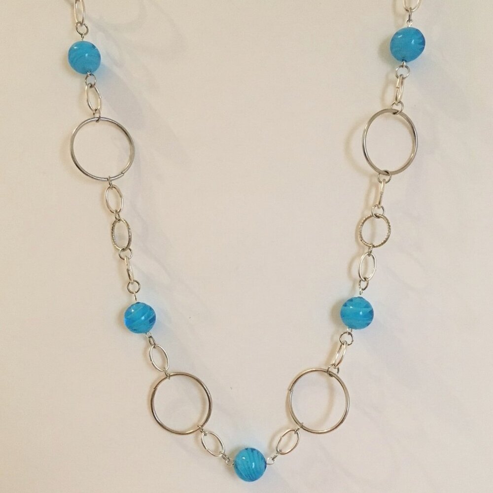Blue Glass Necklace Beads Silver Tone Metal Ring Chain Handcrafted Adj Length